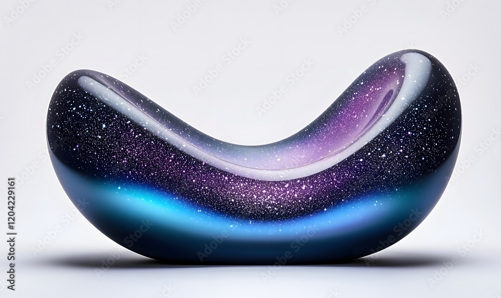 Obraz premium Abstract cosmic-themed sculpture resembling a smooth, sleek, curved, low-lying, bean-shaped vessel or pod with embedded nebula-like design.