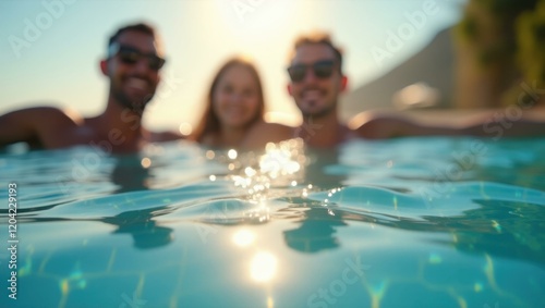 Close-up glistening beaded water droplets forming on sunlit tiles by pool Smiling Caucasian family relaxing by an infinity pool at a resort
