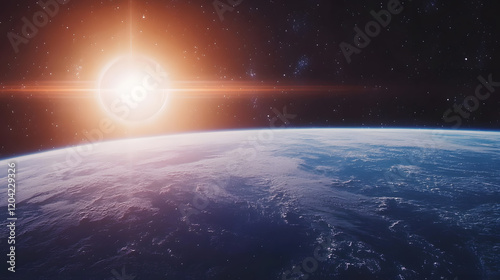 A futuristic space station orbiting a vibrant blue planet, with solar panels gleaming in the sunlight, during a quiet interstellar sunrise