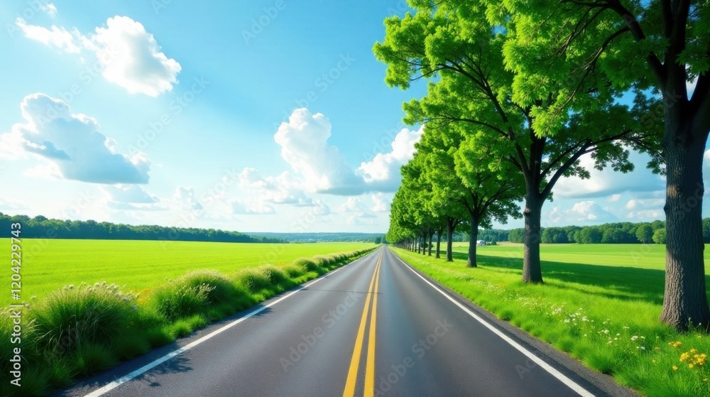Asphalt road stretching towards a vibrant green field under a sunny sky, lined with lush trees, creating a picturesque summer landscape ideal for travel and relaxation