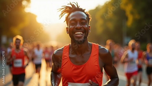 Close-up sweat glistening on runnerâs determined face under midday sun Smiling Black runner crossing the finish line at a marathon