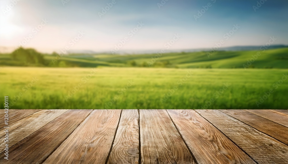 Empty old wooden table background surface with blurred green yard background. Empty table mockup for products Empty old wooden table background surface with blurred green yard background. Empty table mockup for products