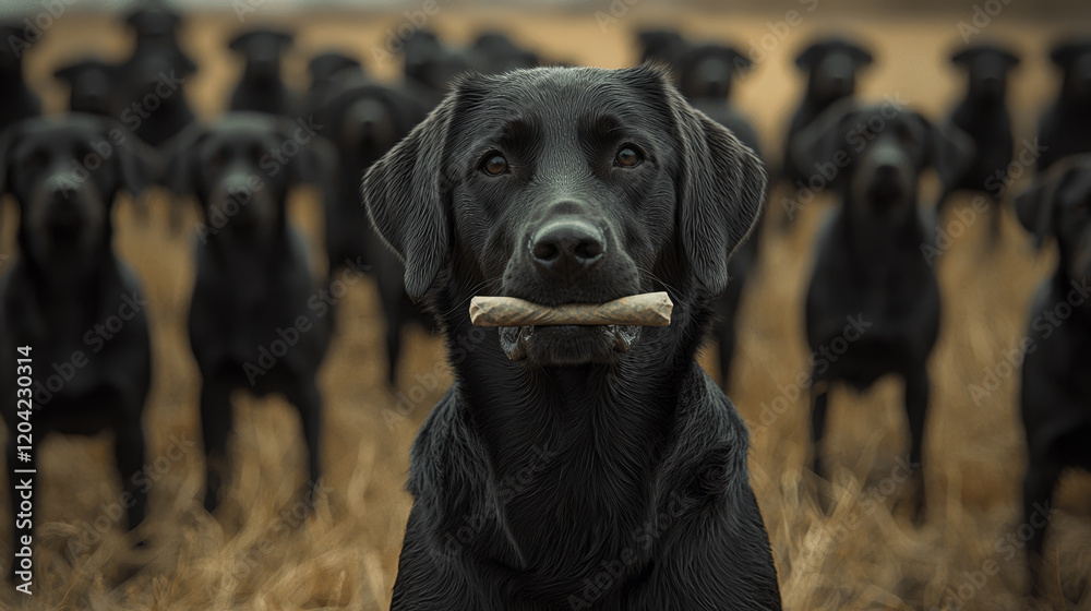 Obraz premium Black lab in focus, holding a stick, surrounded by blurred pack of dogs.