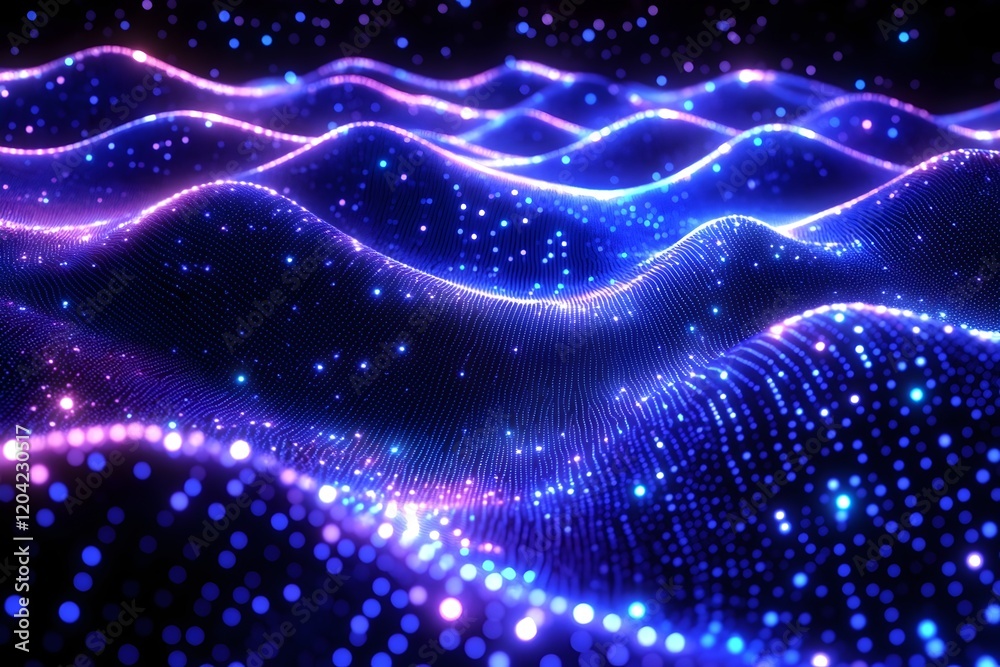 Fototapeta premium Abstract Blue Purple Glowing Waves Digital Art Background Design Modern Technology Futuristic Particle Wave Energy Network Internet Digital Space Galaxy 