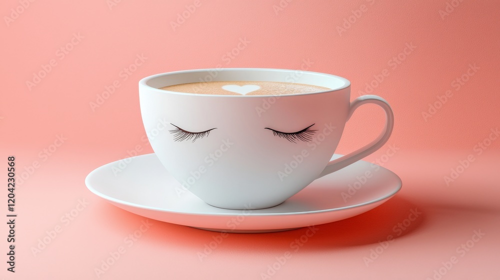 Cute Minimalistic Coffee Cup with Heart and Eyelashes on Soft Background Cute Minimalistic Coffee Cup with Heart and Eyelashes on Soft Background