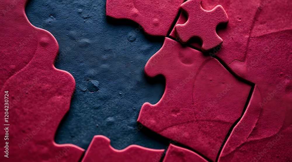 Close-up of incomplete dark red jigsaw puzzle pieces on dark blue background. Close-up of incomplete dark red jigsaw puzzle pieces on dark blue background.