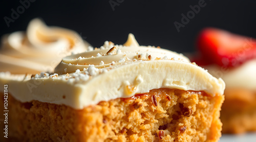 Close-up of a delectable cake, showcasing its creamy frosting and moist texture. A delightful dessert for any occasion.