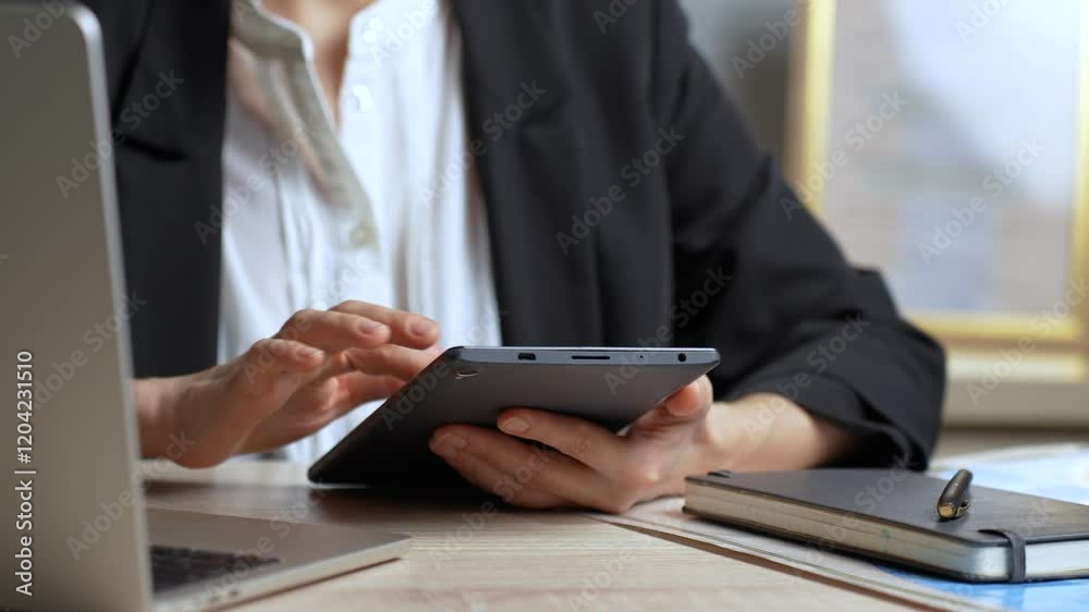 Businesswoman using a digital tablet in a modern office, close-up. Woman in suit using tablet and laptop at office desk Businesswoman using a digital tablet in a modern office, close-up. Woman in suit using tablet and laptop at office desk
