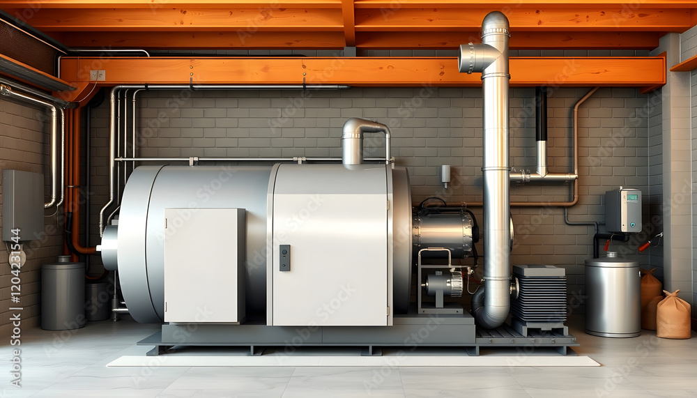 Modern medium-power bio fuel boiler, vector style, with white tones Modern medium-power bio fuel boiler, vector style, with white tones