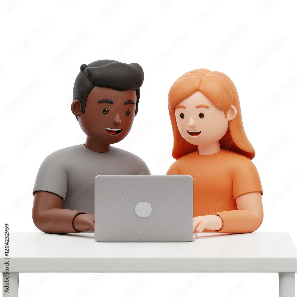 A 3D illustration of a couple sitting together at a table working on a laptop and smiling symbolizing collaboration and partnership isolated on a white background A 3D illustration of a couple sitting together at a table working on a laptop and smiling symbolizing collaboration and partnership isolated on a white background