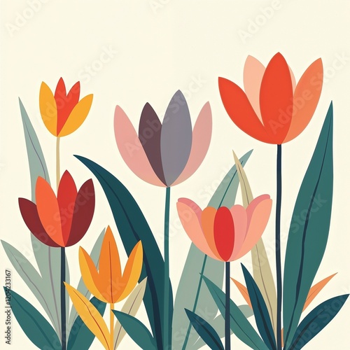 Colorful tulips in orange-yellow, pink-red, and red-burgundy with green long leaves on white background, vibrant spring bloom