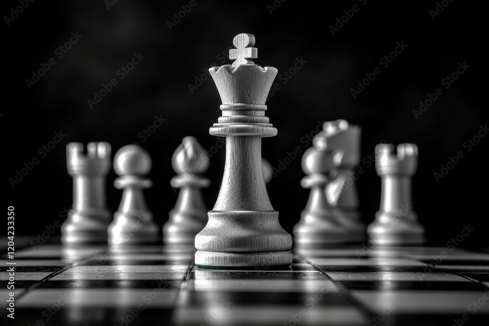 Chess pieces arranged on a black-and-white board with the queen in focus, symbolizing strategy, leadership, and power in a competitive game Chess pieces arranged on a black-and-white board with the queen in focus, symbolizing strategy, leadership, and power in a competitive game