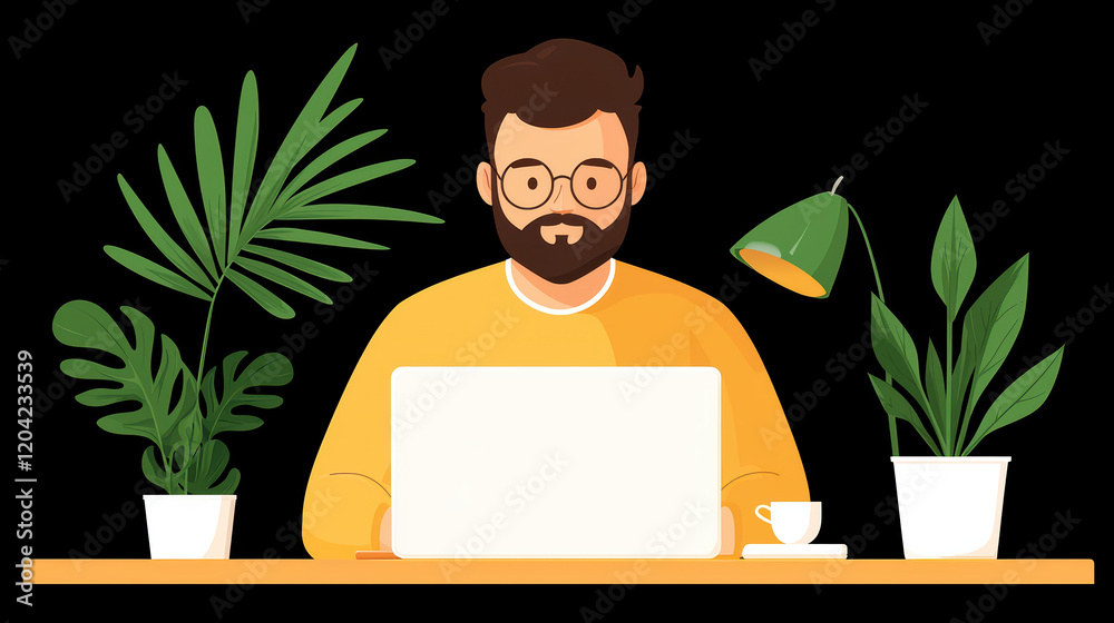 man working on laptop surrounded by plants and lamp man working on laptop surrounded by plants and lamp