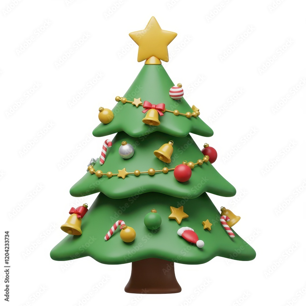 A 3D illustration of a green Christmas tree decorated with colorful ornaments and topped with a yellow star, isolated on a white background A 3D illustration of a green Christmas tree decorated with colorful ornaments and topped with a yellow star, isolated on a white background