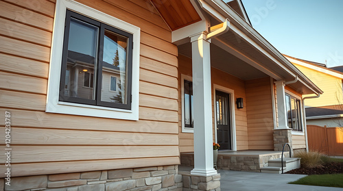 Modern House Exterior Design: Wood Siding, Stone Accents, and a Classic Porch.  A picture of beautiful home architecture, showcasing modern design elements and high-quality construction.