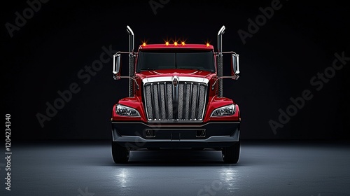 Red semi-truck front view, studio shot, dark background, transport.