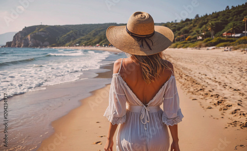 A woman wearing a straw hat and a white dress walks on the beach. The beach is calm and peaceful, with the ocean waves gently lapping at the shore. The woman is enjoying her time at the beach