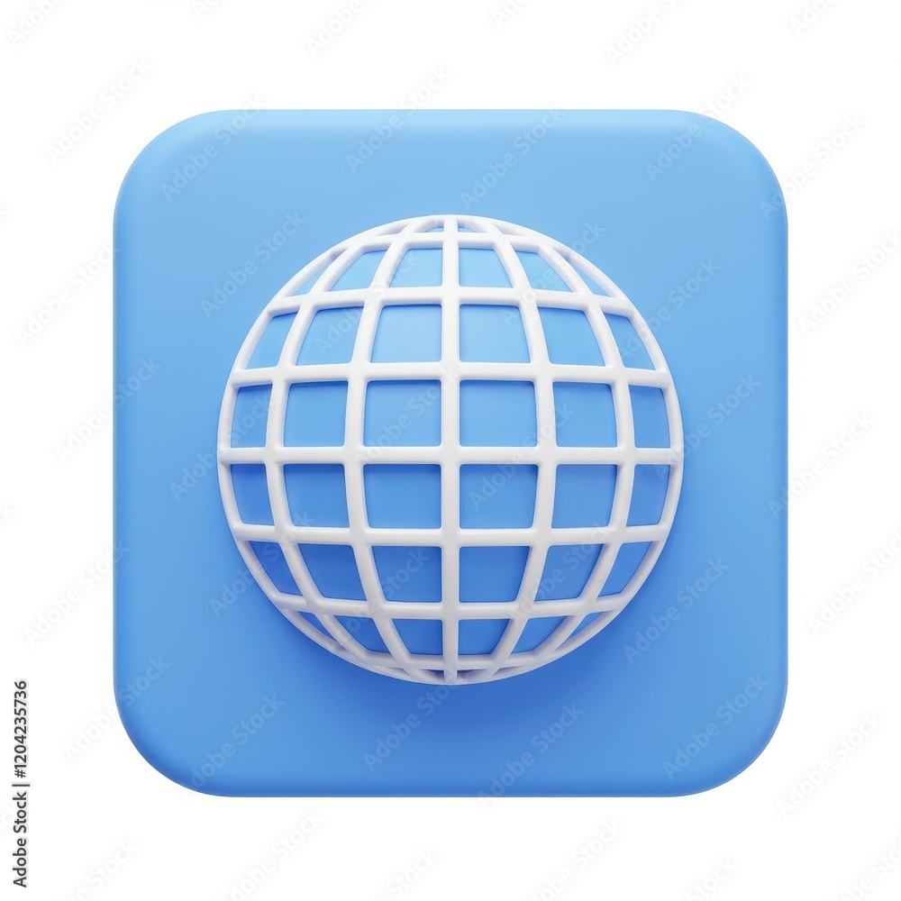 A 3D illustration of a white globe grid design in the center of a rounded blue square viewed from a straight-on perspective isolated on a white background A 3D illustration of a white globe grid design in the center of a rounded blue square viewed from a straight-on perspective isolated on a white background