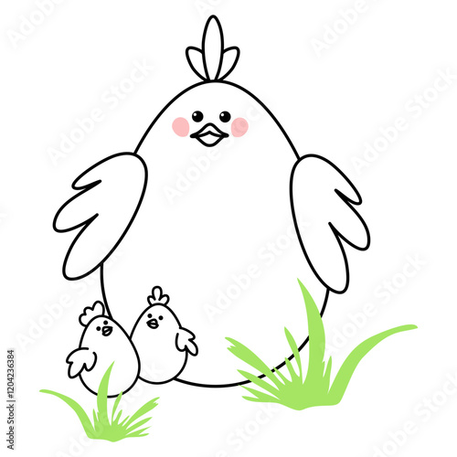 Easter Line Illustration With Cute Stylized Chickens In Minimalistic Style.