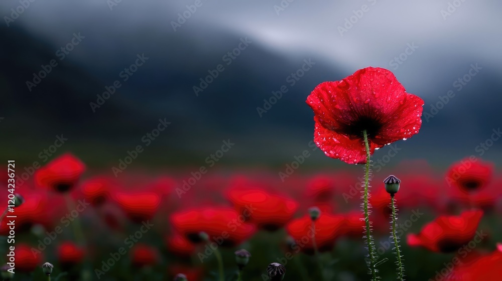 Obraz premium Single poppy in rain, mountain background, nature scene, remembrance