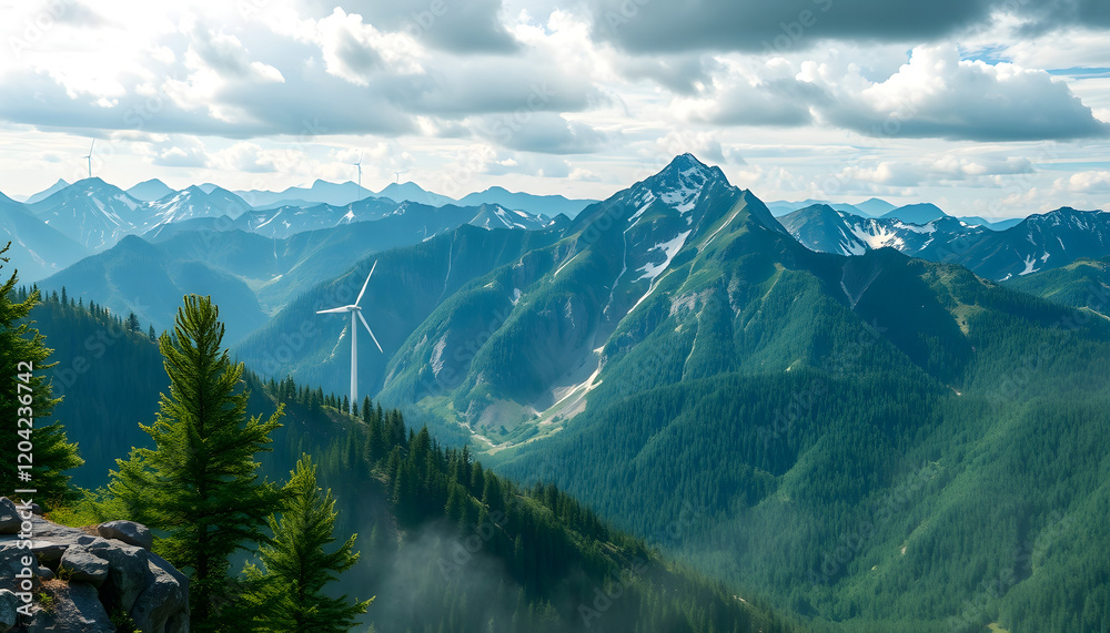 Obraz premium Wind Turbine amidst Majestic Mountain Peaks and Lush Green Valleys