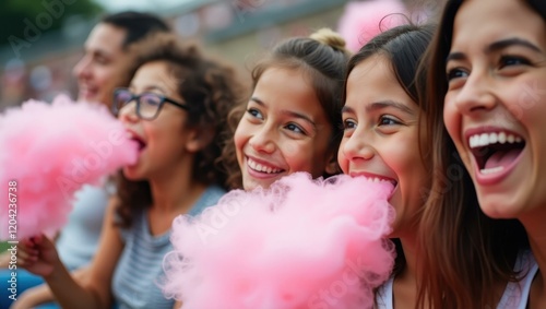 Family savoring cotton candy their smiles sticky with enthusiasm and sweetness Smiling Hispanic family cheering at a soccer match photo