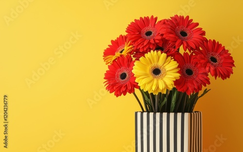 A cheerful bouquet of red and yellow gerbera daisies paired with a striped gift box, placed on a sunny yellow background for Valentines Day and 8 March