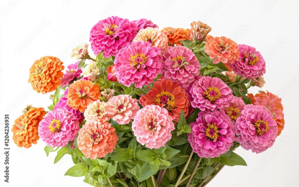 A dazzling bouquet of pink and orange zinnias, arranged with green filler flowers, set against a white background A dazzling bouquet of pink and orange zinnias, arranged with green filler flowers, set against a white background
