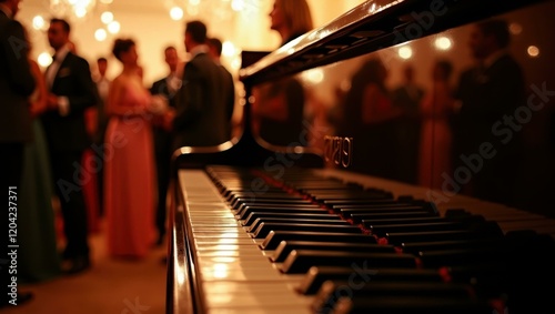 Gleaming grand piano providing harmonious accompaniment to eveningâs conversations Smiling diverse group attending an exclusive gala event photo