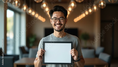 Man smiling with pride holding framed certificate of tech innovation Smiling Asian man launching a tech app with his team