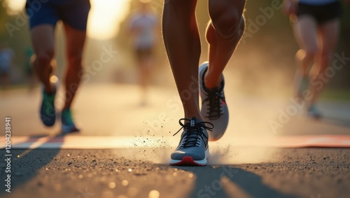 Runner's running shoes bearing marks of dust from long challenging race Smiling Black runner crossing the finish line at a marathon