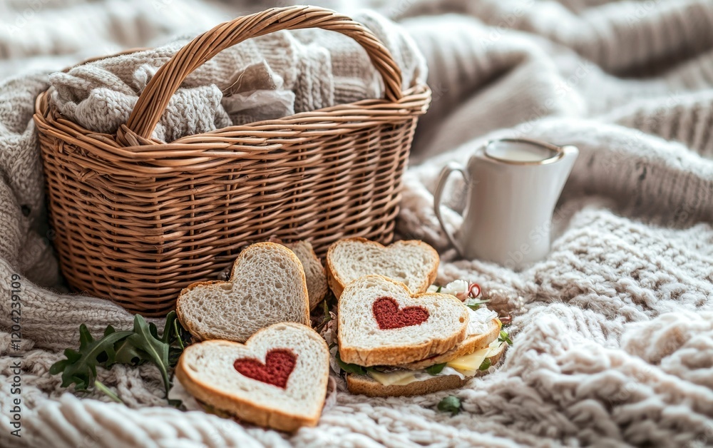A festive romantic picnic scene with a wicker basket, heart shaped sandwiches, and soft blankets for Valentines Day and Womens Day A festive romantic picnic scene with a wicker basket, heart shaped sandwiches, and soft blankets for Valentines Day and Womens Day