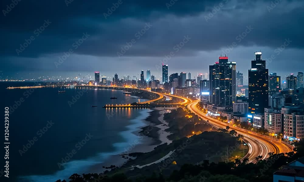 Pemandangan malam fotografi udara bangunan kota modern