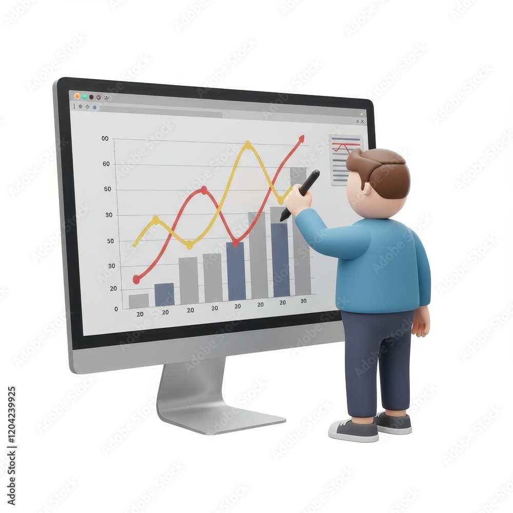 A 3D illustration of a person interacting with a graph on a large computer screen isolated on a white background. A 3D illustration of a person interacting with a graph on a large computer screen isolated on a white background.