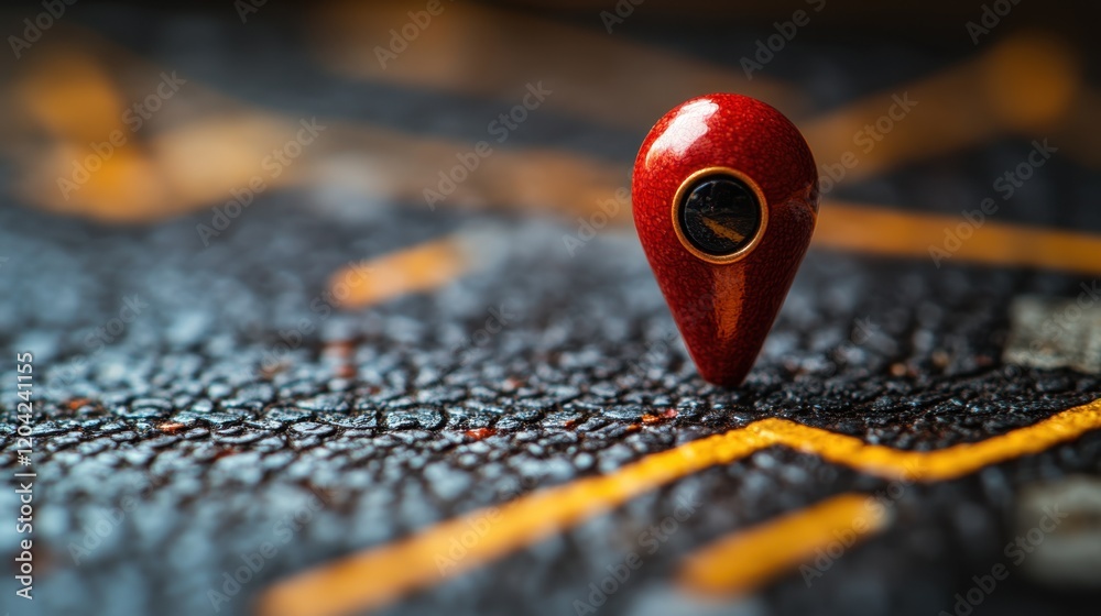 Red location pin on detailed city map closeup Red location pin on detailed city map closeup