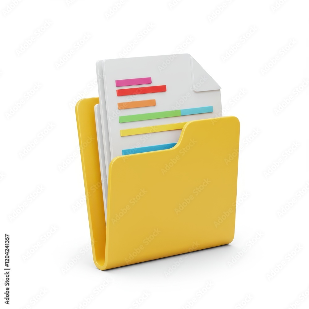 A 3D illustration of a yellow folder holding a white document with colorful text lines isolated on a white background A 3D illustration of a yellow folder holding a white document with colorful text lines isolated on a white background