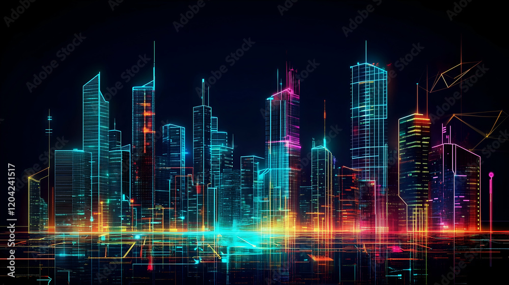 futuristic city skyline with fragmented digital effects and glitch patterns. Neon lights in vibrant colors.