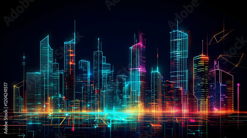 futuristic city skyline with fragmented digital effects and glitch patterns. Neon lights in vibrant colors.