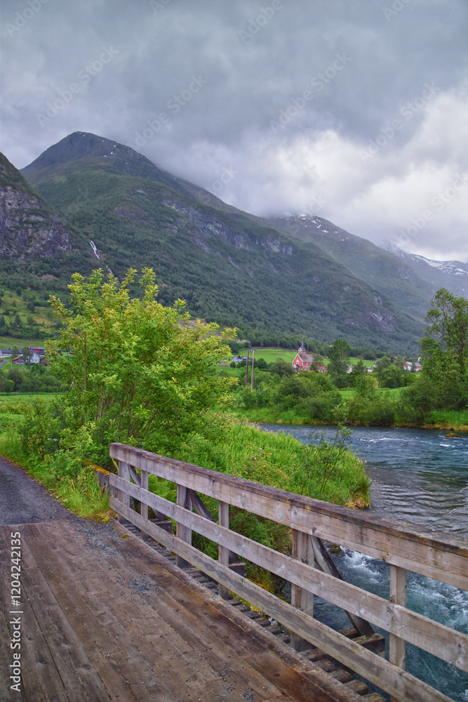 Olden Norway 2024 hiking views towards Briksdal Glacier, Jostedal Glacier largest glacier on Europe's mainland. Glacial river flowing to Sognefjord. Scandinavia, Nordic.