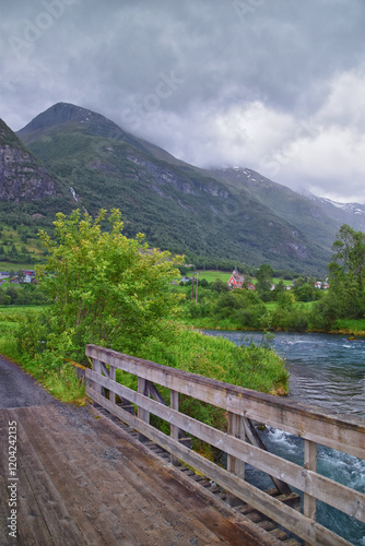 Obraz na płótnie Olden Norway 2024 hiking views towards Briksdal Glacier, Jostedal Glacier largest glacier on Europe's mainland. Glacial river flowing to Sognefjord. Scandinavia, Nordic. w salonie