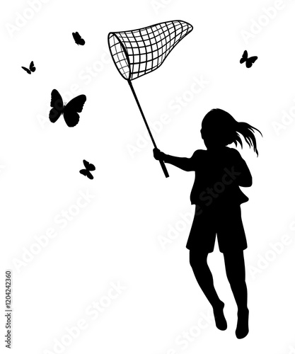 Children silhouettes. Little girl catch butterfly with a scoop-net. Vector illustration.	
