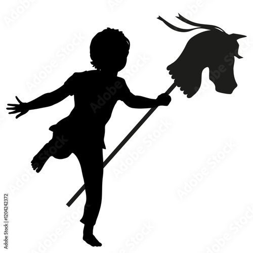 Children silhouettes. Little boy playing with a toy horse. Vector illustration.	
