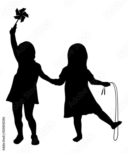 Children silhouettes. Little girls play with items . Vector illustration.	
