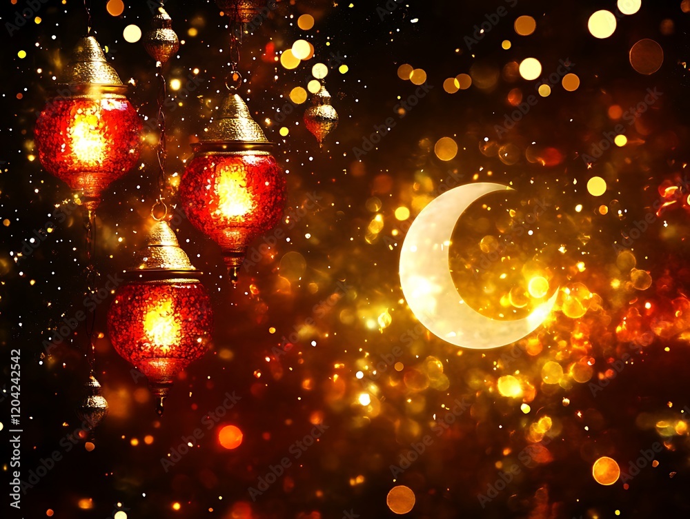 Obraz premium Festive Ramadan Lanterns Glow Under Crescent Moon