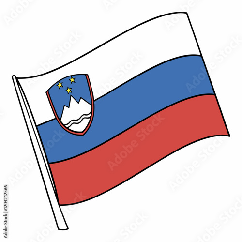 Slovenia Flag: Tricolor with blue, white, and red stripes and the Slovenian coat of arms.
