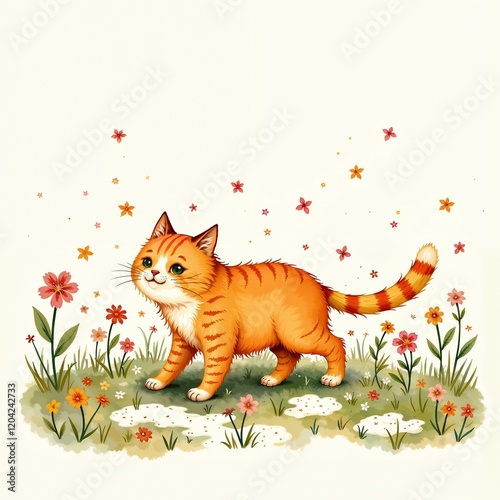 Red striped cat walking on green lawn with orange, pink, and red flowers, vibrant spring scene with floating blossoms in the air
