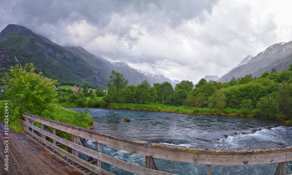 Olden Norway 2024 hiking views towards Briksdal Glacier, Jostedal Glacier largest glacier on Europe's mainland. Glacial river flowing to Sognefjord. Scandinavia, Nordic.