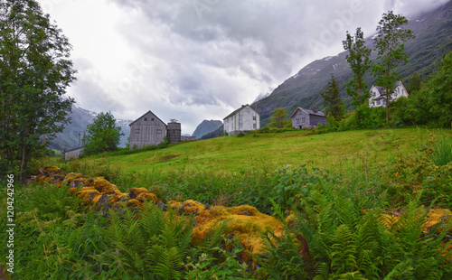 Olden Norway 2024 hiking views towards Briksdal Glacier, Jostedal Glacier largest glacier on Europe's mainland. Glacial river flowing to Sognefjord. Scandinavia, Nordic. photo