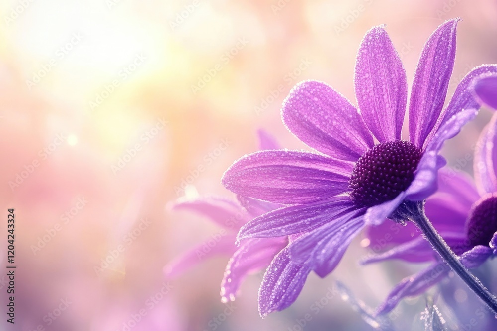 Obraz premium Delicate purple flowers glistening with morning dew, bathed in soft sunlight.