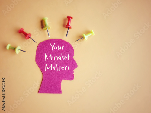 Inspirational Quote - Your mindset matters text on head shaped with copy space background. Stock photo.